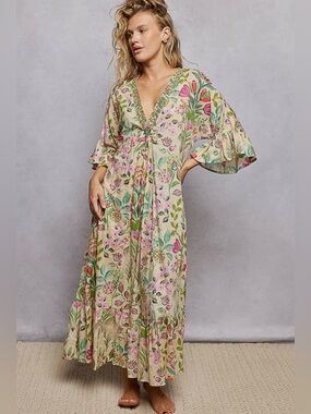 POL Cotton V-Neck Floral Beaded Ruffle Sleeve Dress